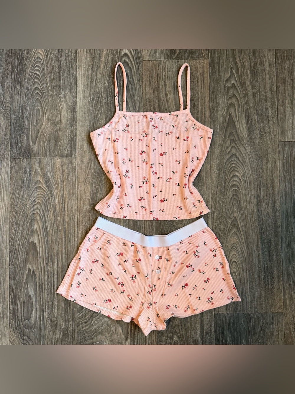 dainty floral waffle knit matching cami & shorts cotton lounge set
